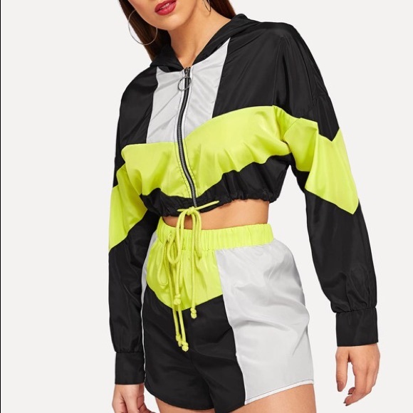 Colorblock Drawstring Hooded Jacket and Shorts Set - Picture 2 of 3